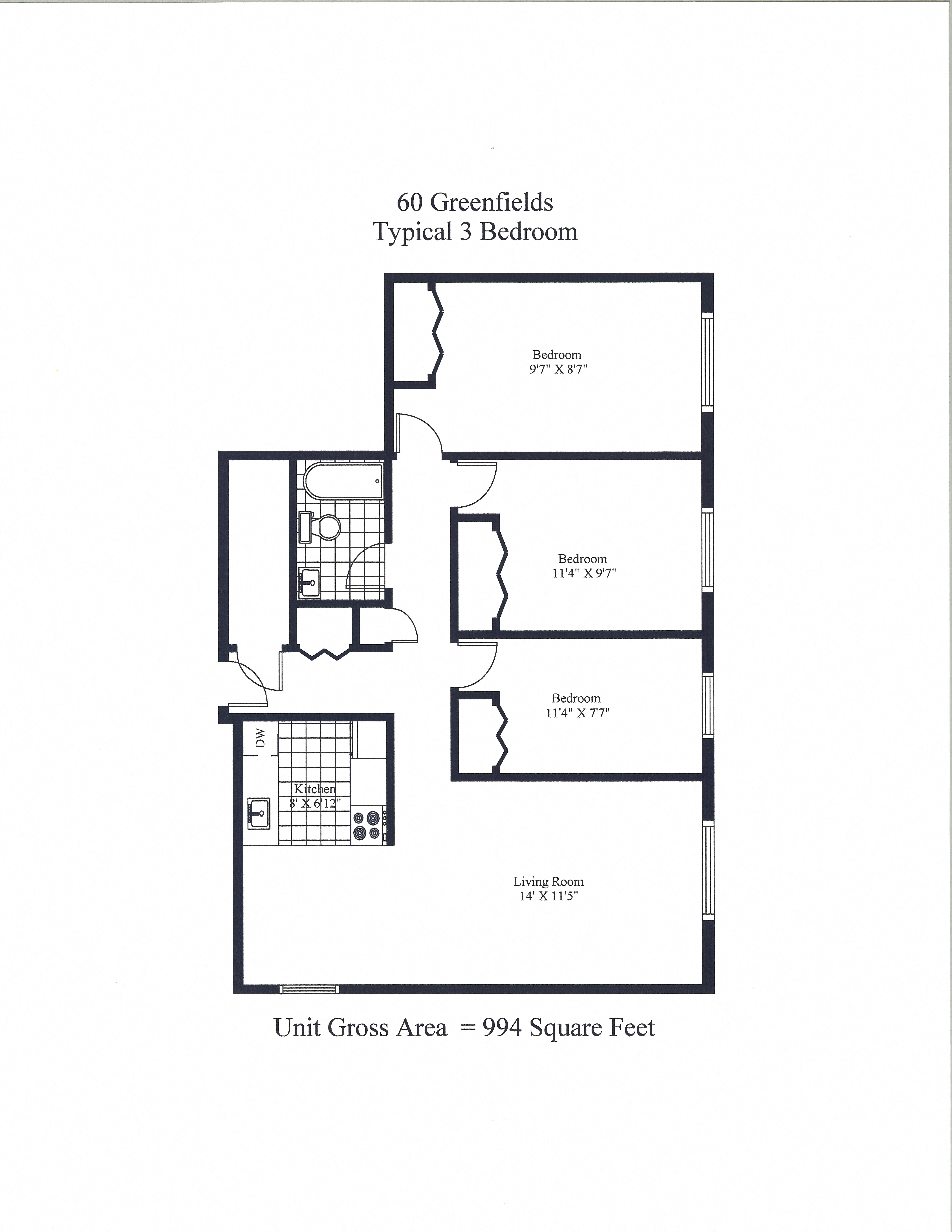 Floor plan for 3 beds, 1 bath, 802 sqft